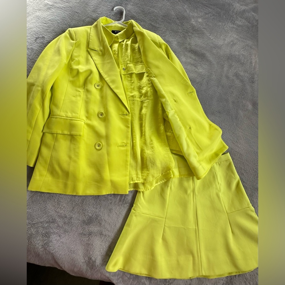 DKNY JCrew Bright Neon Yellow Blouse Shirt High Waist Skirt 3 Pcs Set S M